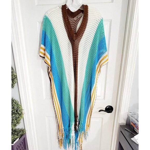 Cupshe Bohemian Striped V-neck Cape Sleeve Fringed Crochet Dress Beach Cover Up - Picture 2 of 10